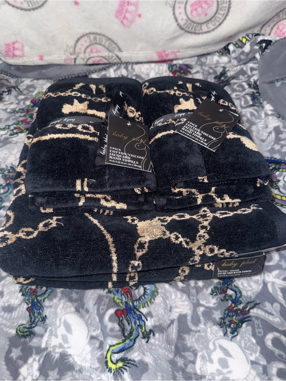 Baby Phat Black & Gold Bath Towel + Hand Towel Bundle